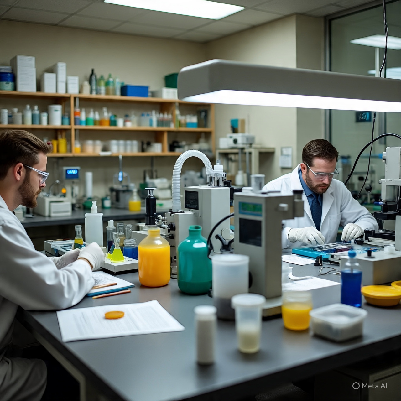 Scientists conducting chemical analysis
